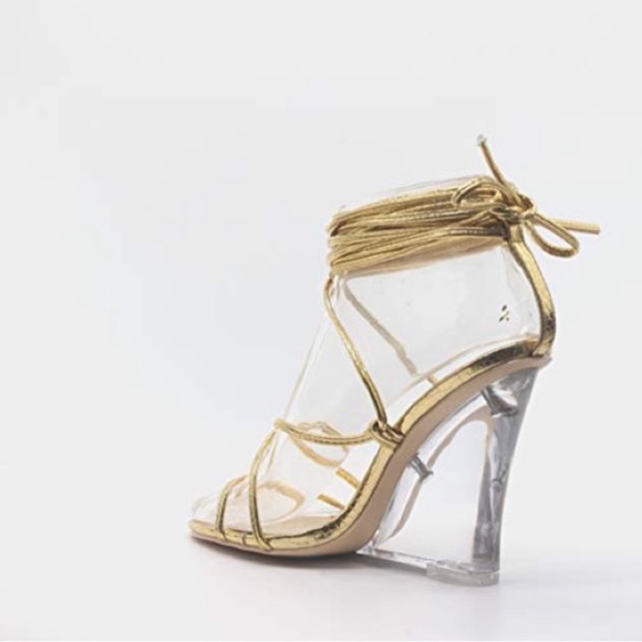 Cape Robbin Fallen Gold Strap Up Clear Heel Wedge Heels - Picture 2 of 8